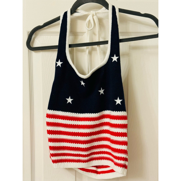 NWT American Flag Pattern Crochet-Style Halter Top - Picture 3 of 5